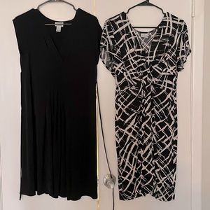 Pregnant black and white dress:Fitted top, flared skirt,  monochrome pattern.